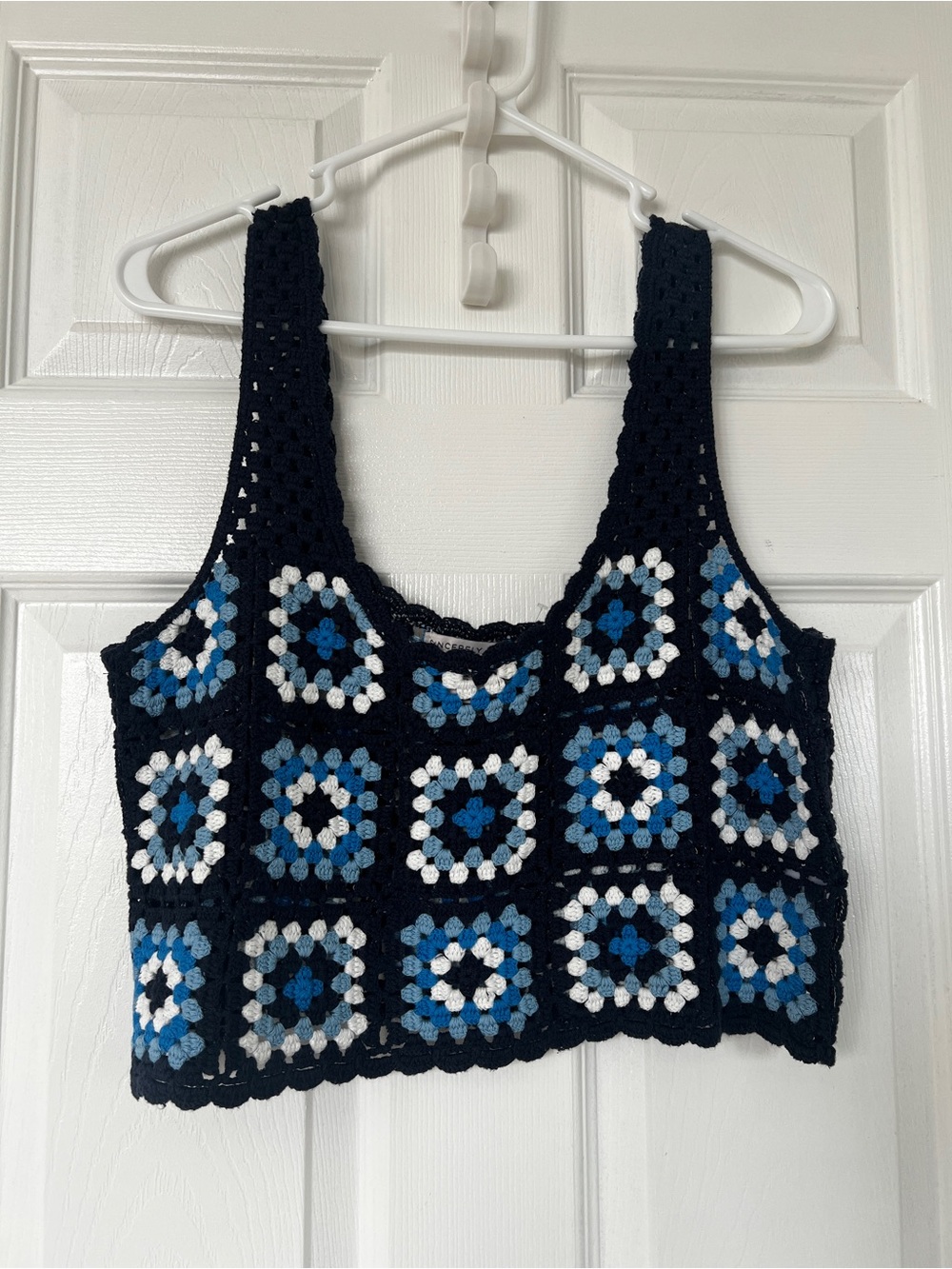 Sincerely Jules Navy Crochet Square-Panel Crop Tank with Blue and White Accents